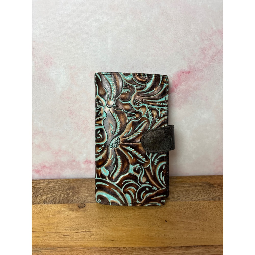 a Patricia Nash Nazari Bifold Wallet Turquoise Tooled Leather